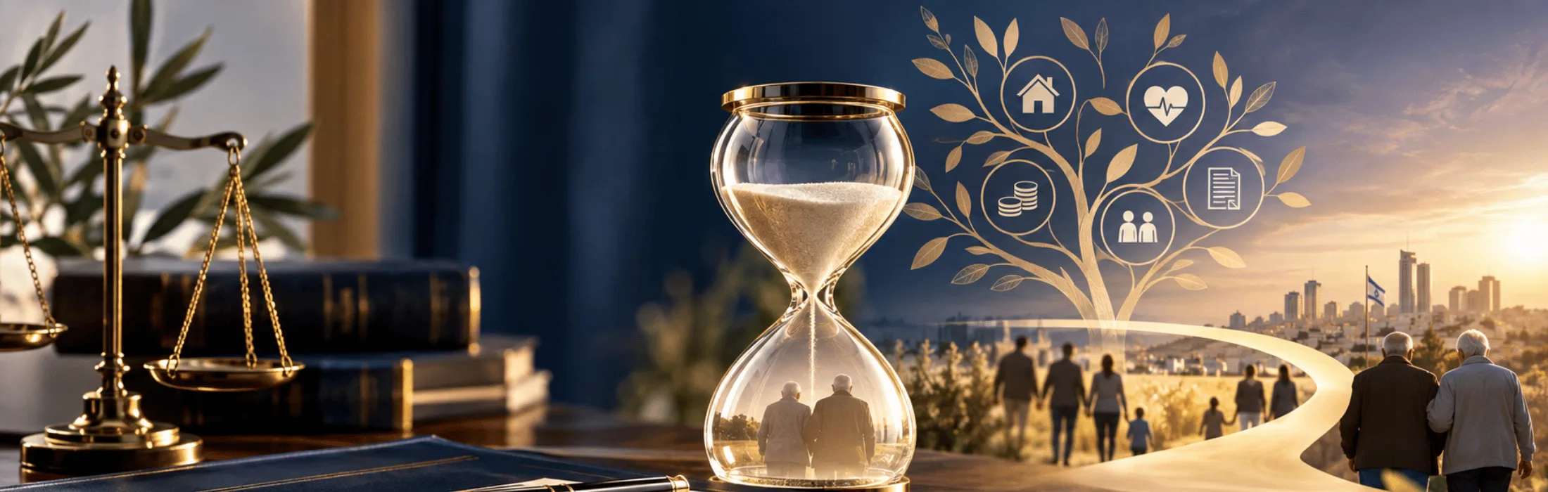 Hourglass and scales of justice on a desk, with a glowing tree of icons (home, health, coins, documents, people) and a city skyline at sunset.