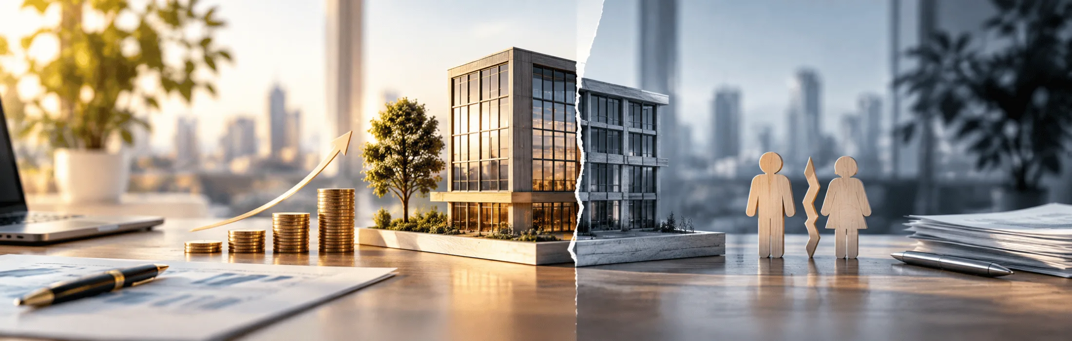 Split image: left side shows coins and an upward arrow on a desk; right side features a building model and wooden human figures, split by torn edge (real estate + demographics).
